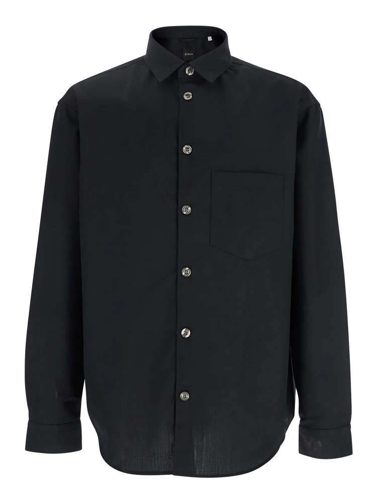 Black Shirt with Classic Collar in Virgin Wool Blend Man