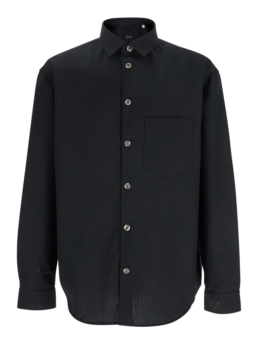 Black Shirt with Classic Collar in Virgin Wool Blend Man