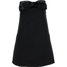 Black Sleeveless Mini Dress with Bandeau and Beaded Oversize Bow in Tech Fabric Woman