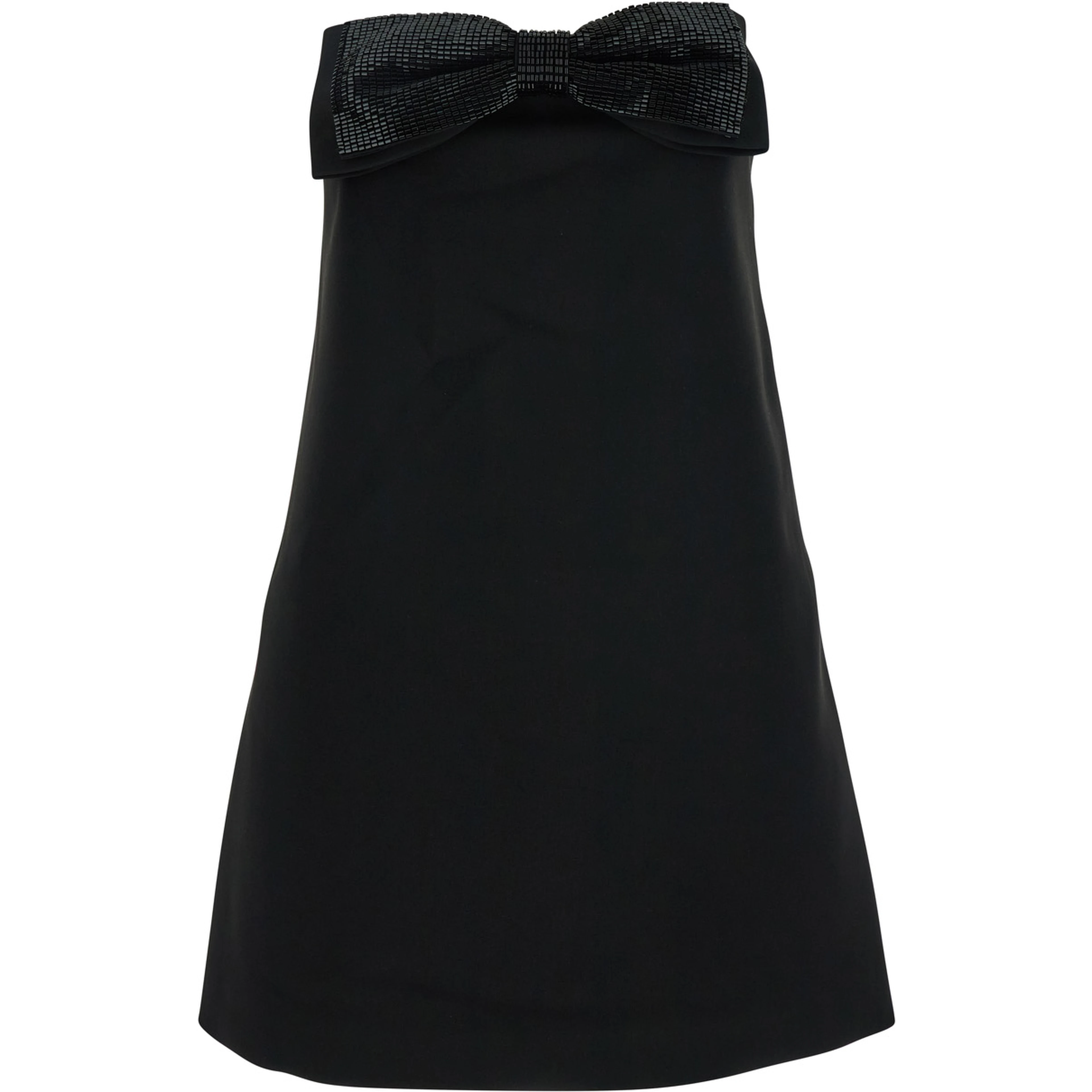 Black Sleeveless Mini Dress with Bandeau and Beaded Oversize Bow in Tech Fabric Woman