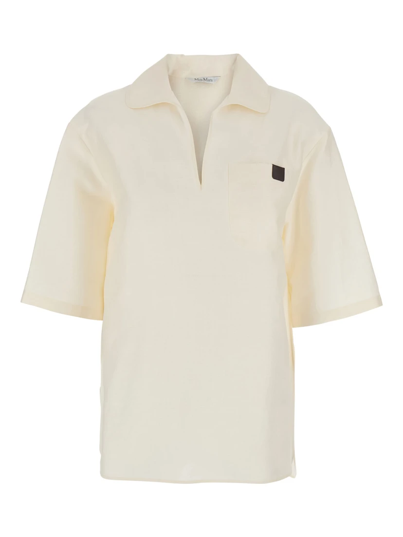 Osiride White Shirt with V-Neck and Logo Patch on the Front in Linen and Silk Blend Woman