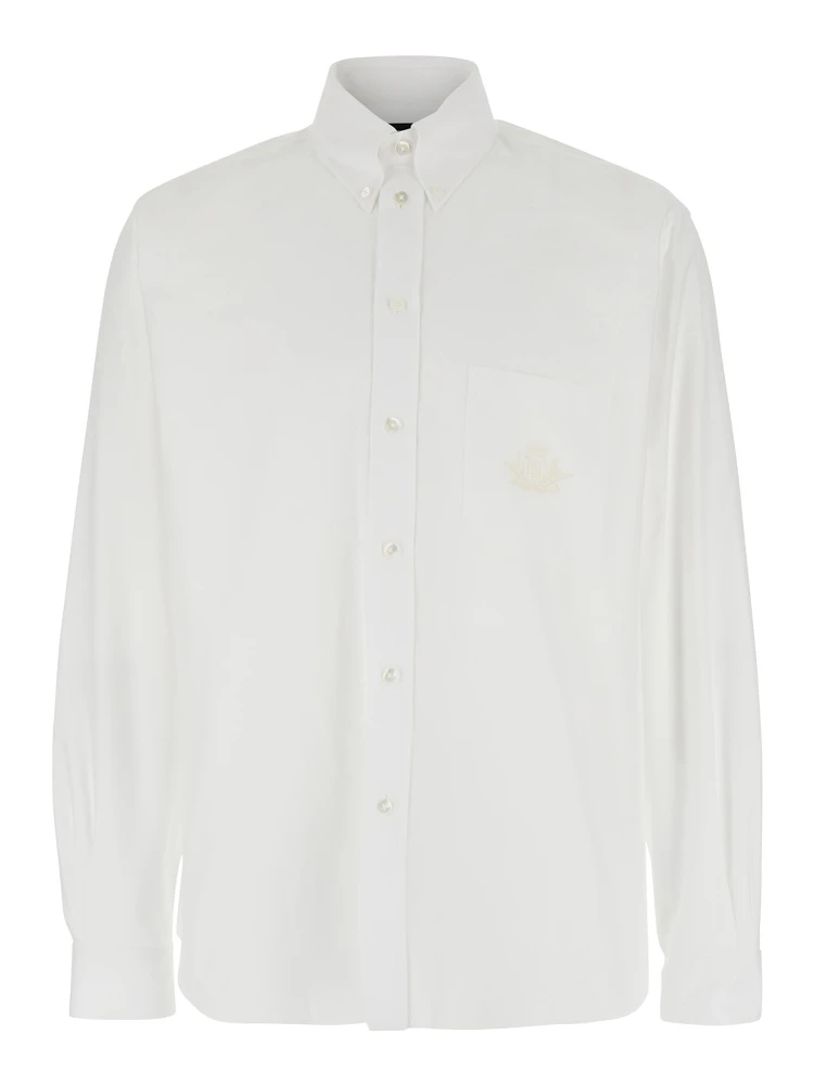White Shirt with Classic Collar and Logo Embroidery on the Front in Cotton Man