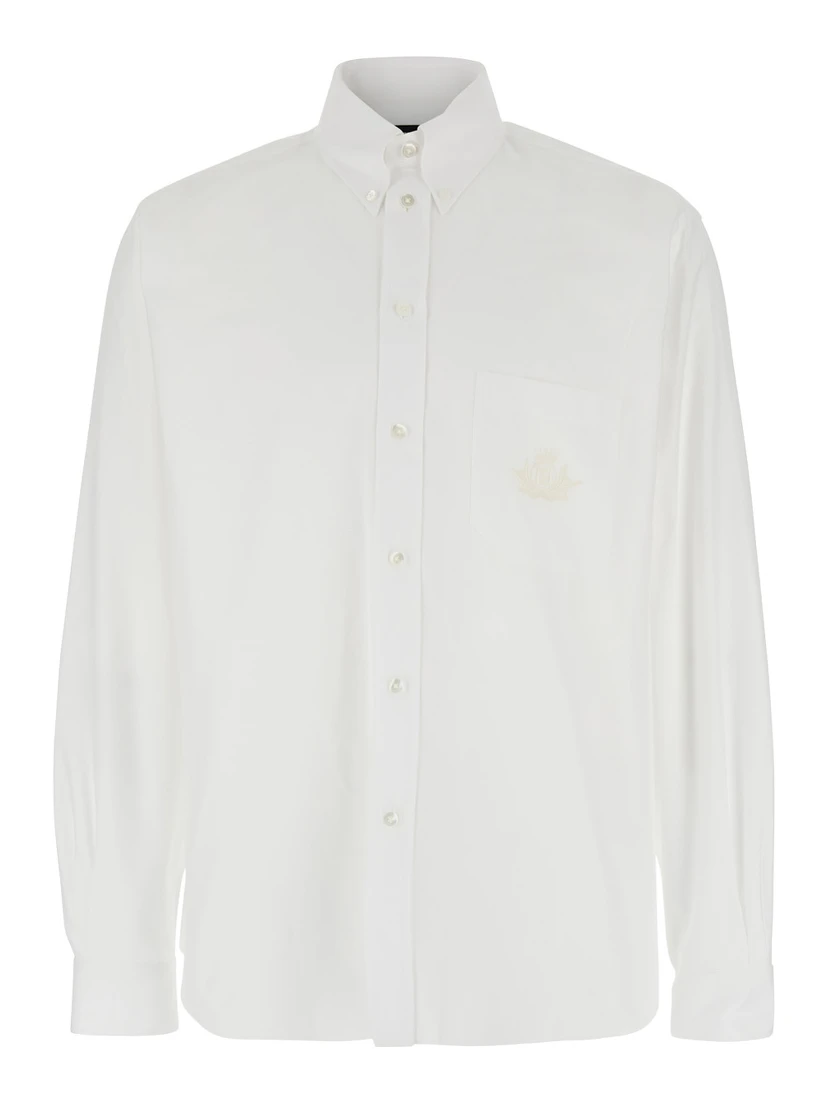White Shirt with Classic Collar and Logo Embroidery on the Front in Cotton Man
