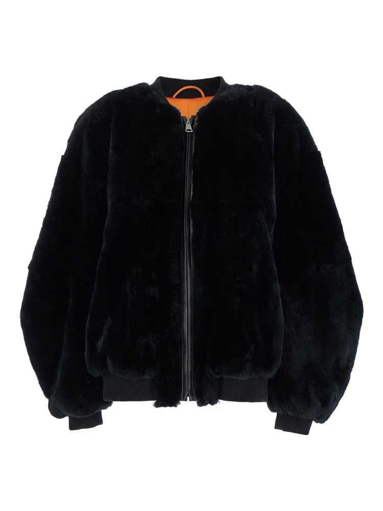 Black Bomber Jacket with Zip Closure in Fur Woman