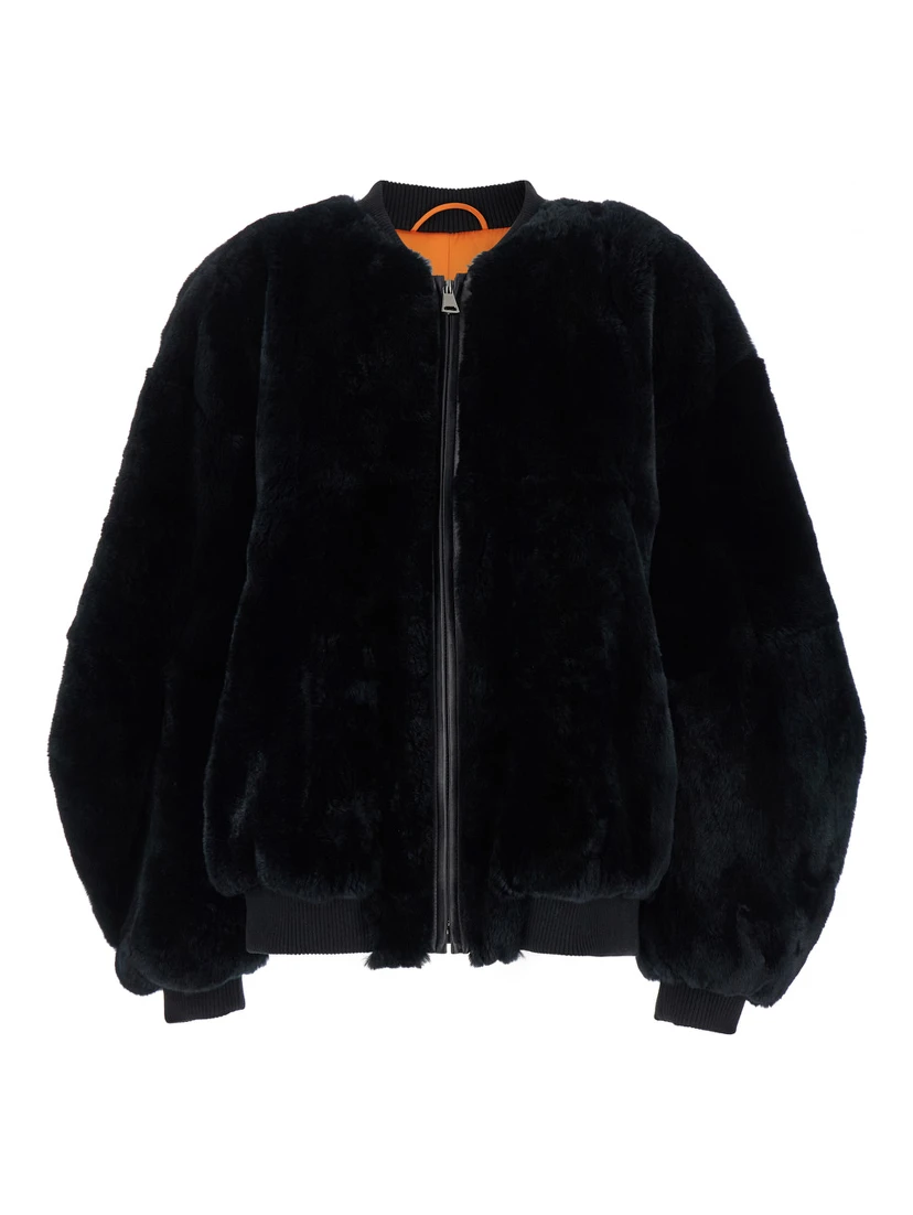 Black Bomber Jacket with Zip Closure in Fur Woman