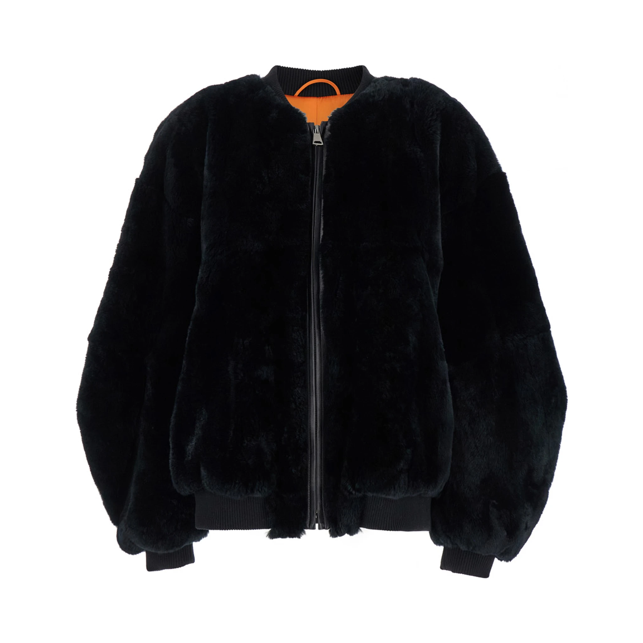 Black Bomber Jacket with Zip Closure in Fur Woman