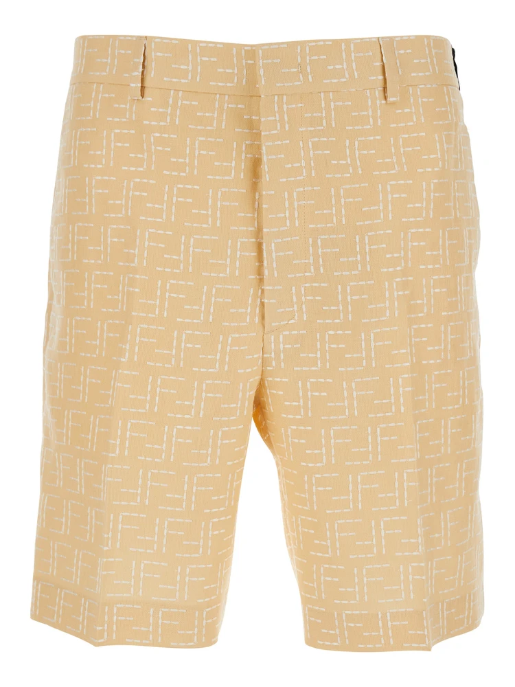 Yellow Pants with Belt Loops and All-Over FF Motif in Linen Blend Man