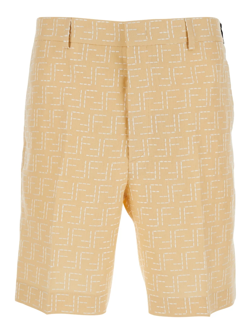 Yellow Pants with Belt Loops and All-Over FF Motif in Linen Blend Man
