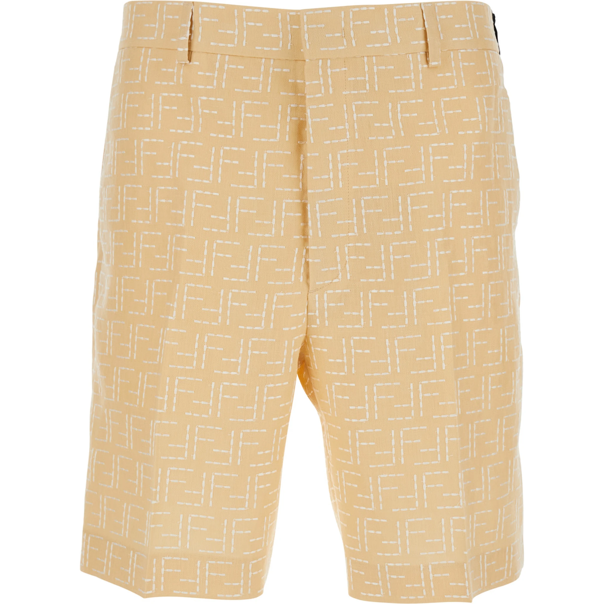 Yellow Pants with Belt Loops and All-Over FF Motif in Linen Blend Man