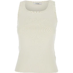 Pentola White Sleeveless Top with Square Neck and Tonal Logo Lettering Embroidery on the Front in Viscose Blend Woman