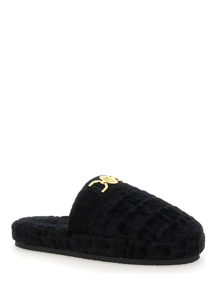 Black Slippers with Logo Plaque in Fabric Man