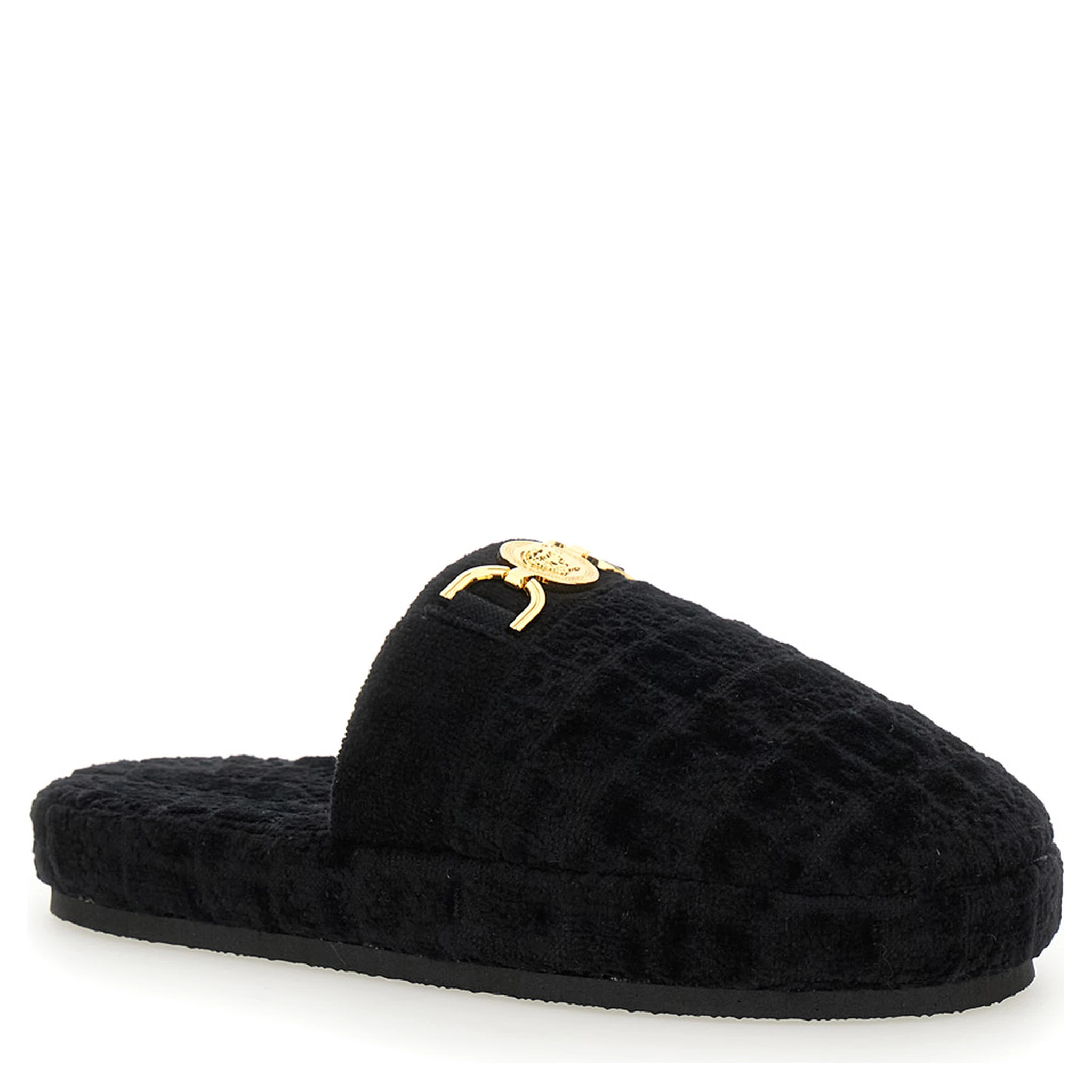 Black Slippers with Logo Plaque in Fabric Man