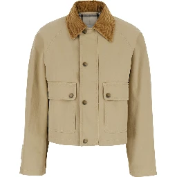 Beige Cropped Jacket with Corduroy Collar in Cotton Woman
