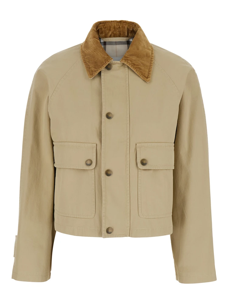 Beige Cropped Jacket with Corduroy Collar in Cotton Woman