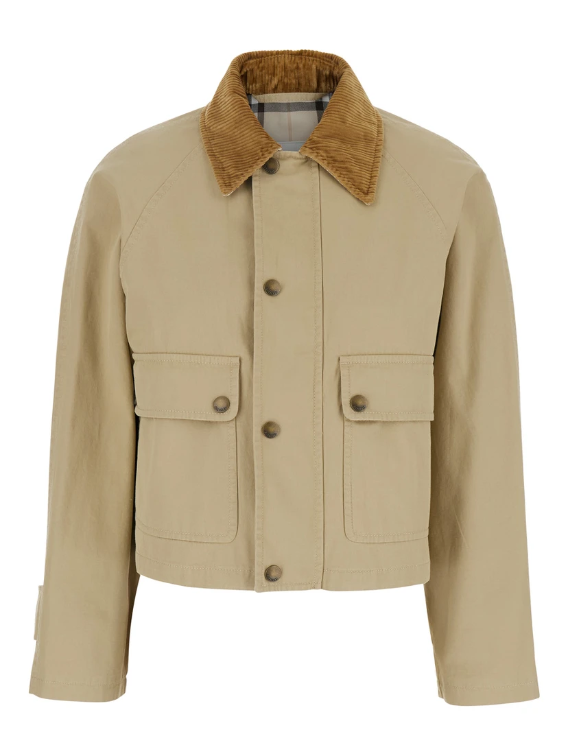 Beige Cropped Jacket with Corduroy Collar in Cotton Woman