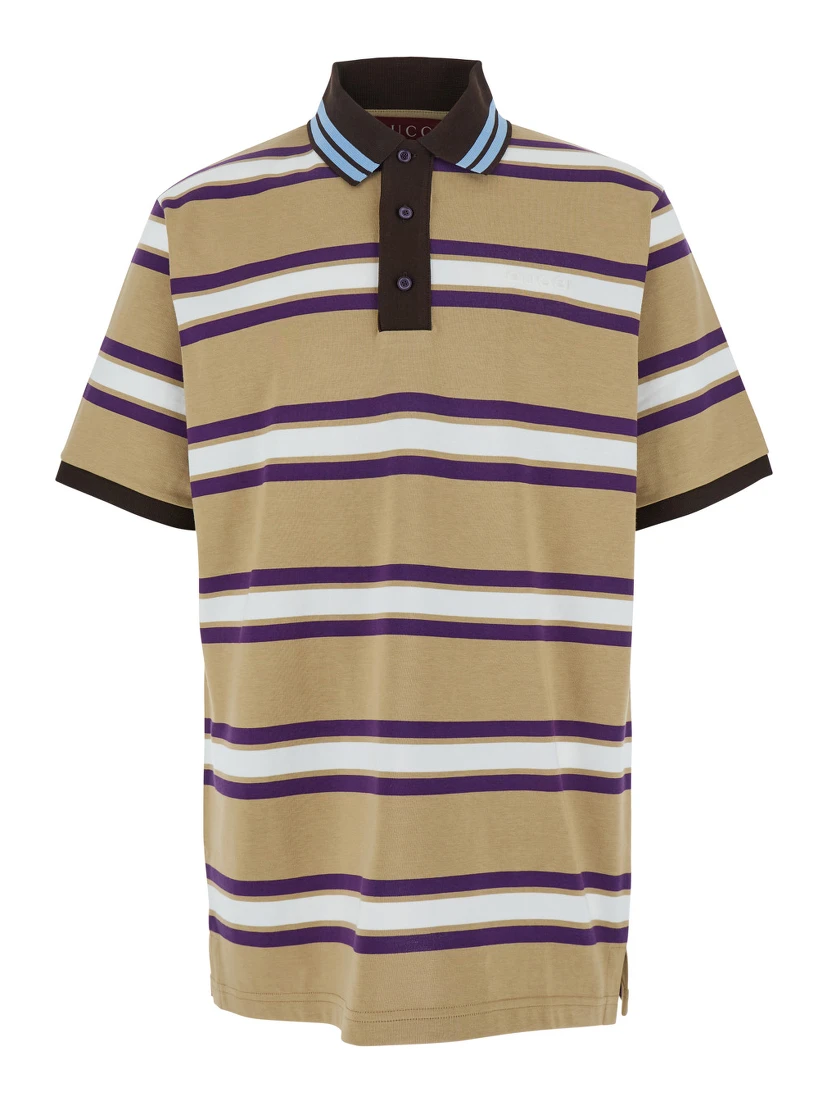 Beige Polo Shirt with Logo Imprinted on the Front and All-Over Striped Motif in Cotton Man