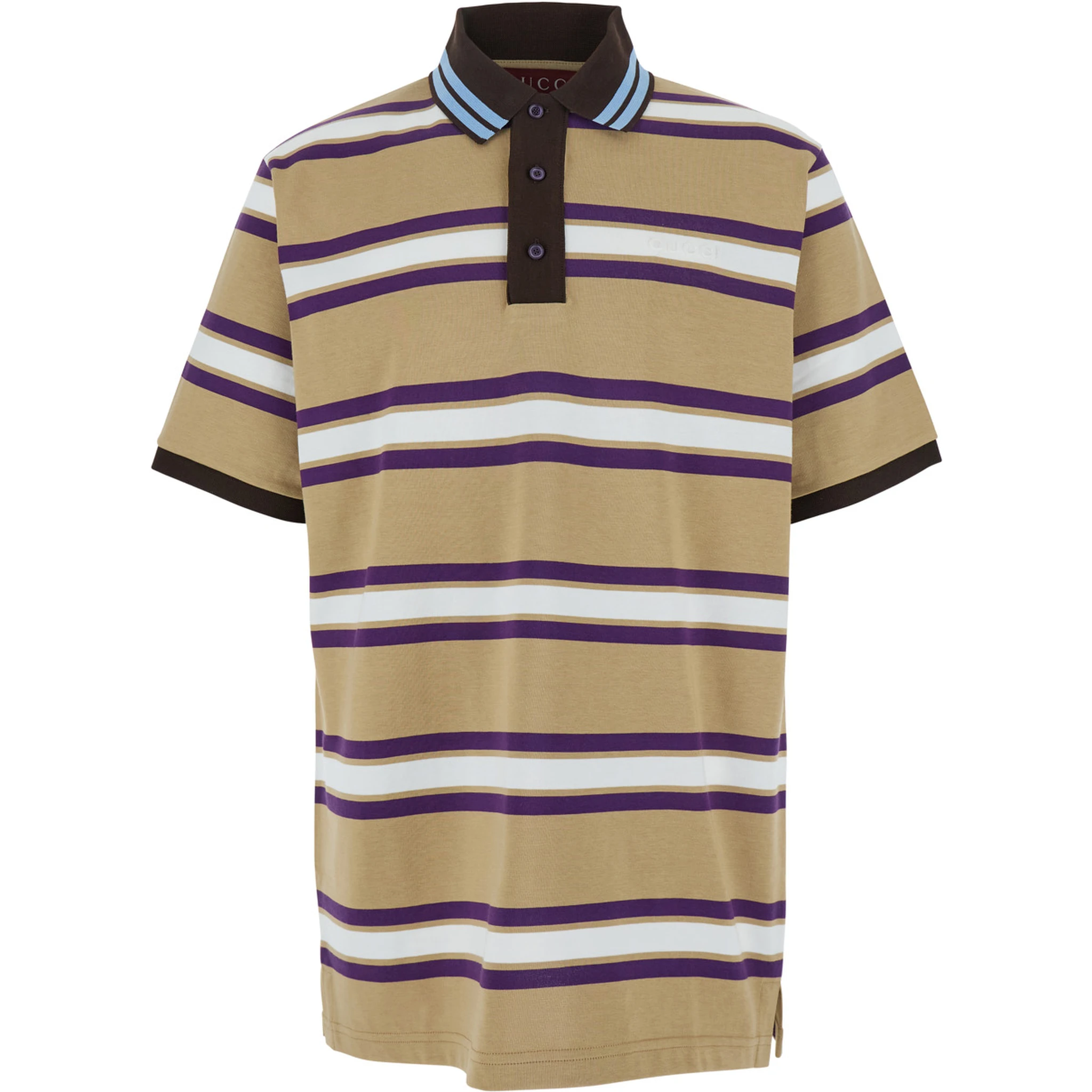 Beige Polo Shirt with Logo Imprinted on the Front and All-Over Striped Motif in Cotton Man