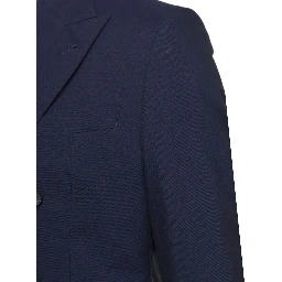 Blue Double-breasted Blazer with Pointed Reverses in Wool and Cotton Blend Man
