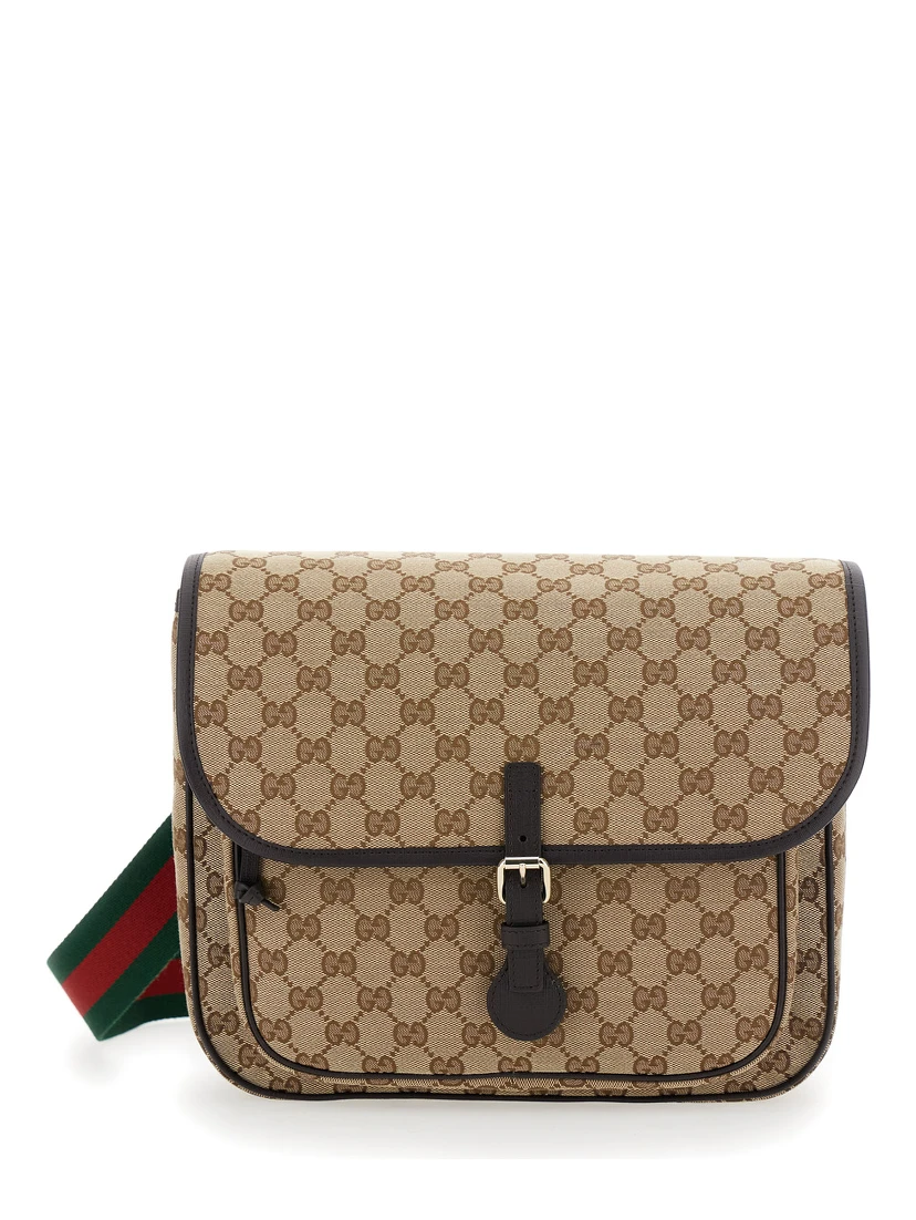 Beige Crossbody Bag with All-Over GG Motif and Web Detail in Fabric Boy