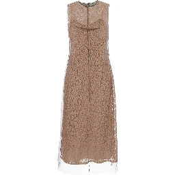 Beige Sleeveless Crewneck Dress with Floral Embroidery in Lace Woman