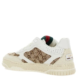 White and Beige Low Top Sneakers with Web Detail in Leather and GG Supreme Canvas Woman