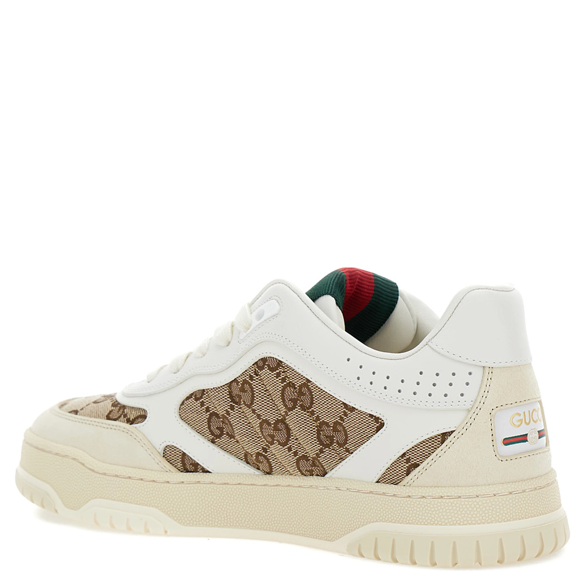 White and Beige Low Top Sneakers with Web Detail in Leather and GG Supreme Canvas Woman