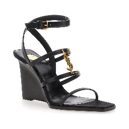 Black Wedges with Metallic Cassandre Detail and Adjustable Leather Strap in Leather Women