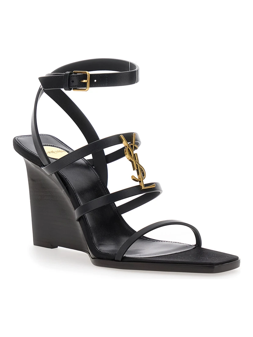 Black Wedges with Metallic Cassandre Detail and Adjustable Leather Strap in Leather Women