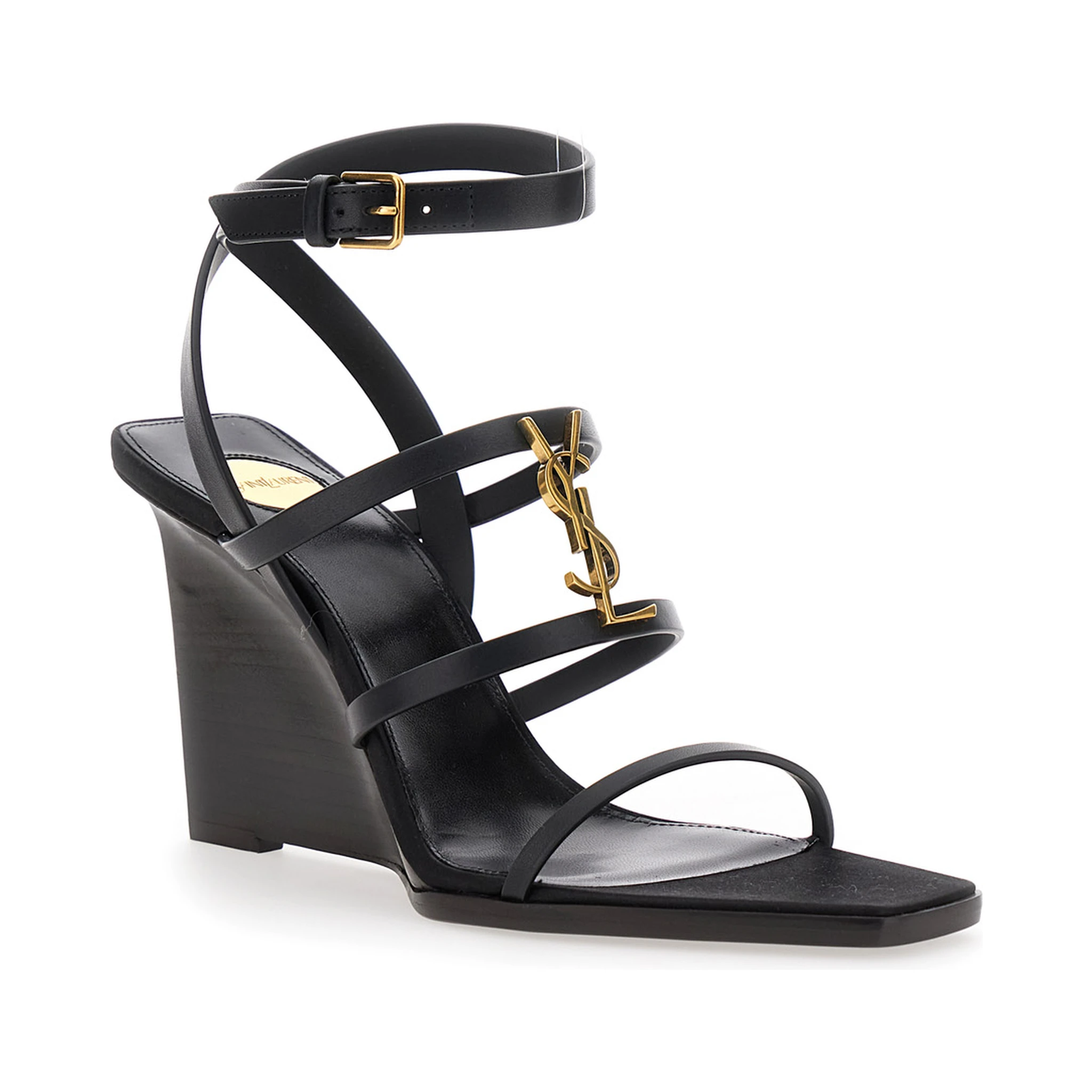 Black Wedges with Metallic Cassandre Detail and Adjustable Leather Strap in Leather Women