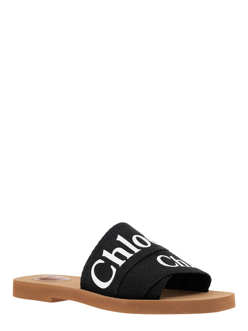 Chloé Womans Black Canvas Sandals with Logo