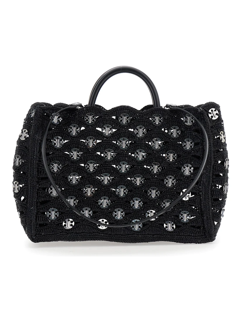 Black Handbag with Weaving and All-Over Disc Details in Raphia Woman