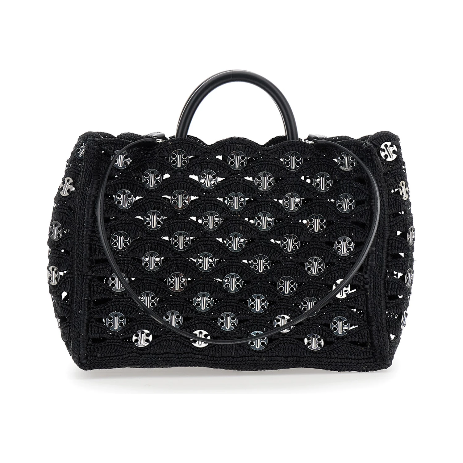 Black Handbag with Weaving and All-Over Disc Details in Raphia Woman