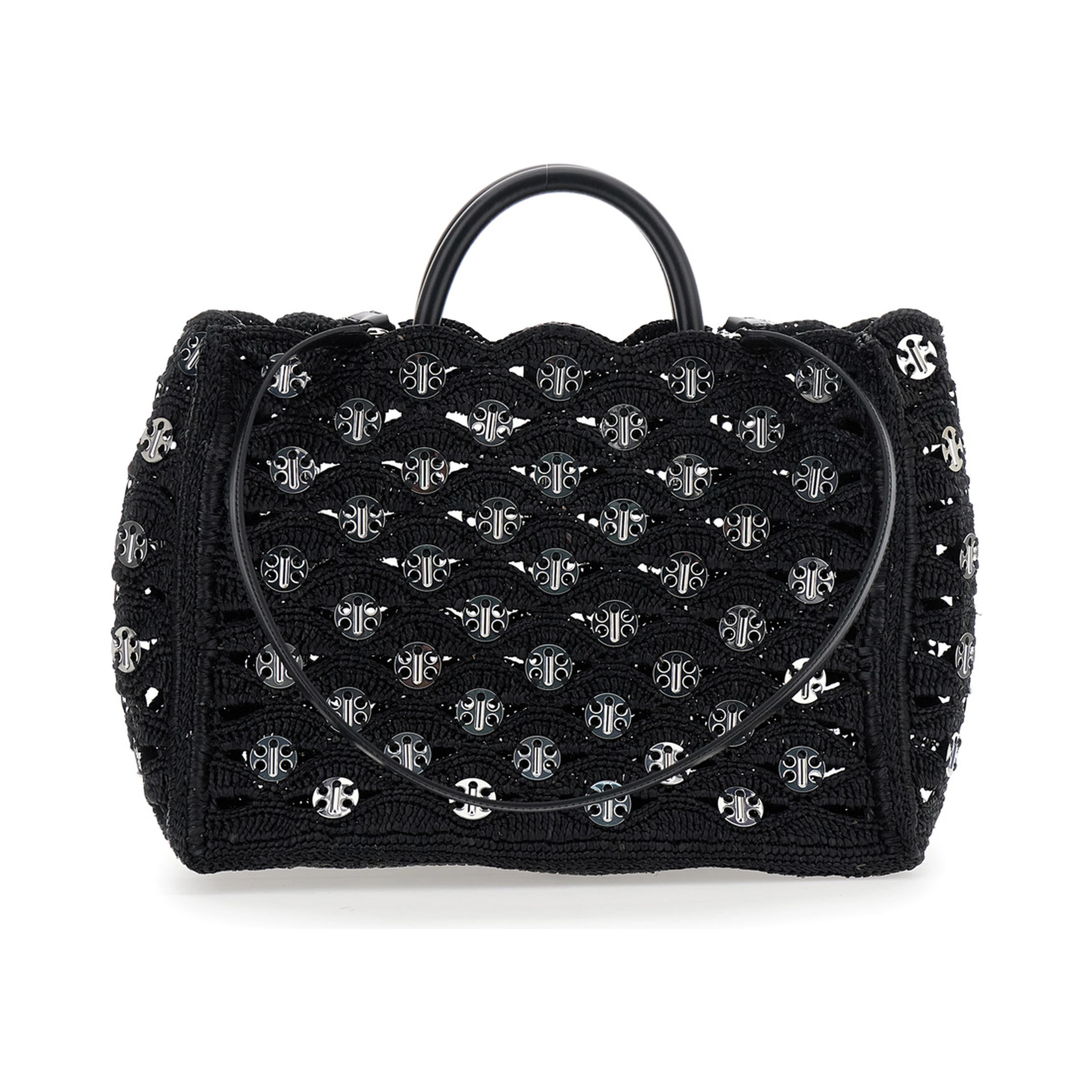 Black Handbag with Weaving and All-Over Disc Details in Raphia Woman