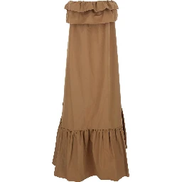 Beige Long Dress with Bustier Neckline and Ruffled Skirt in Cotton Woman