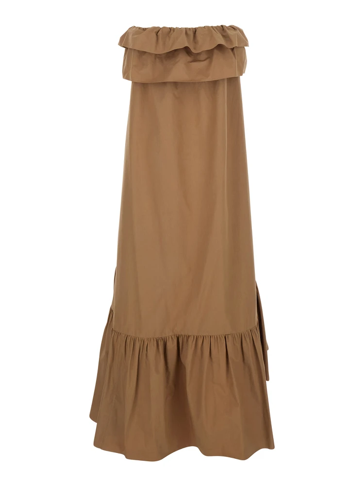 Beige Long Dress with Bustier Neckline and Ruffled Skirt in Cotton Woman alternative