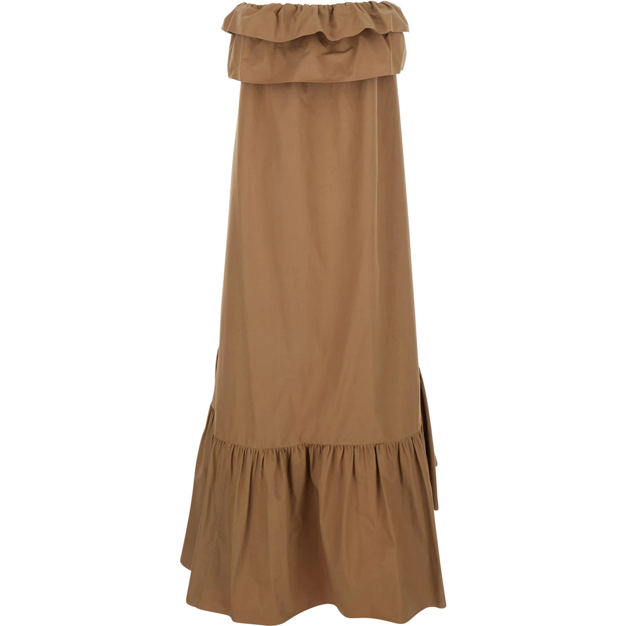 Beige Long Dress with Bustier Neckline and Ruffled Skirt in Cotton Woman