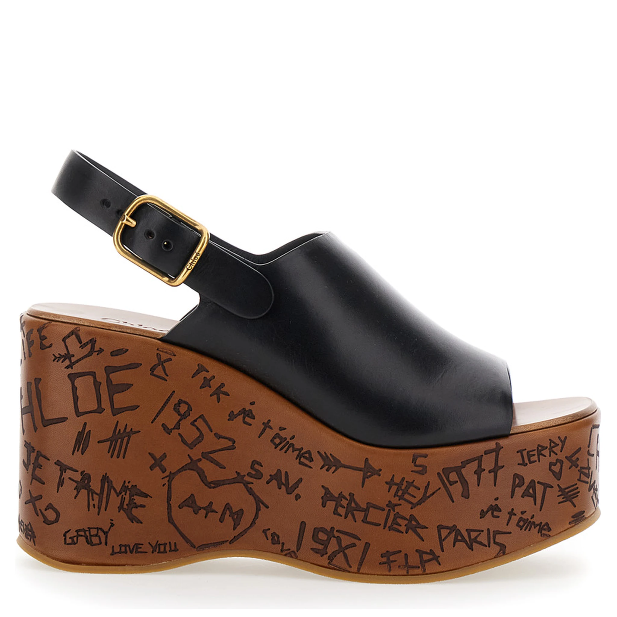 Maxime Black Wedge with Engraved Written Decorations and Logo Buckle in Leather Woman