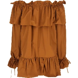 Brown Ruffle Dress with Bare Shoulders in Cotton Twill Woman