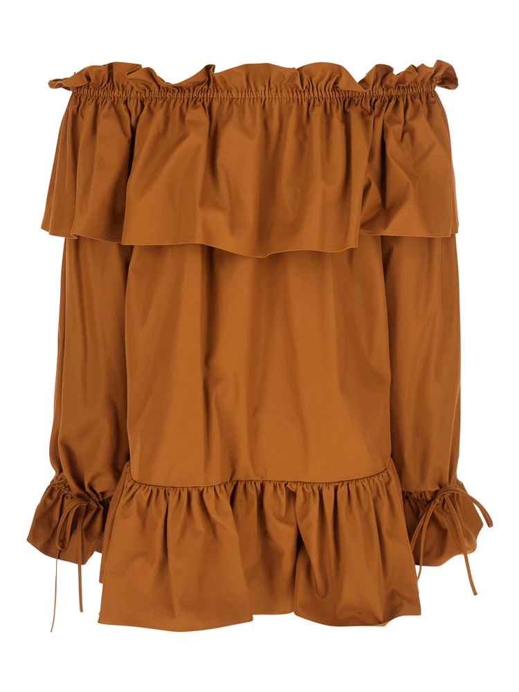 Brown Ruffle Dress with Bare Shoulders in Cotton Twill Woman alternative