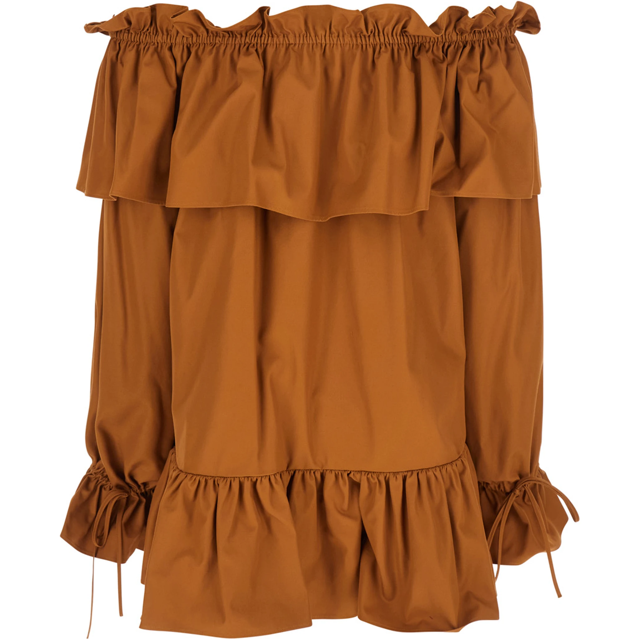 Brown Ruffle Dress with Bare Shoulders in Cotton Twill Woman