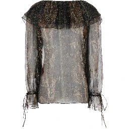 Multicolor Off-Shoulder Blouse with Drawstring Poet Sleeves in Silk Blend Woman