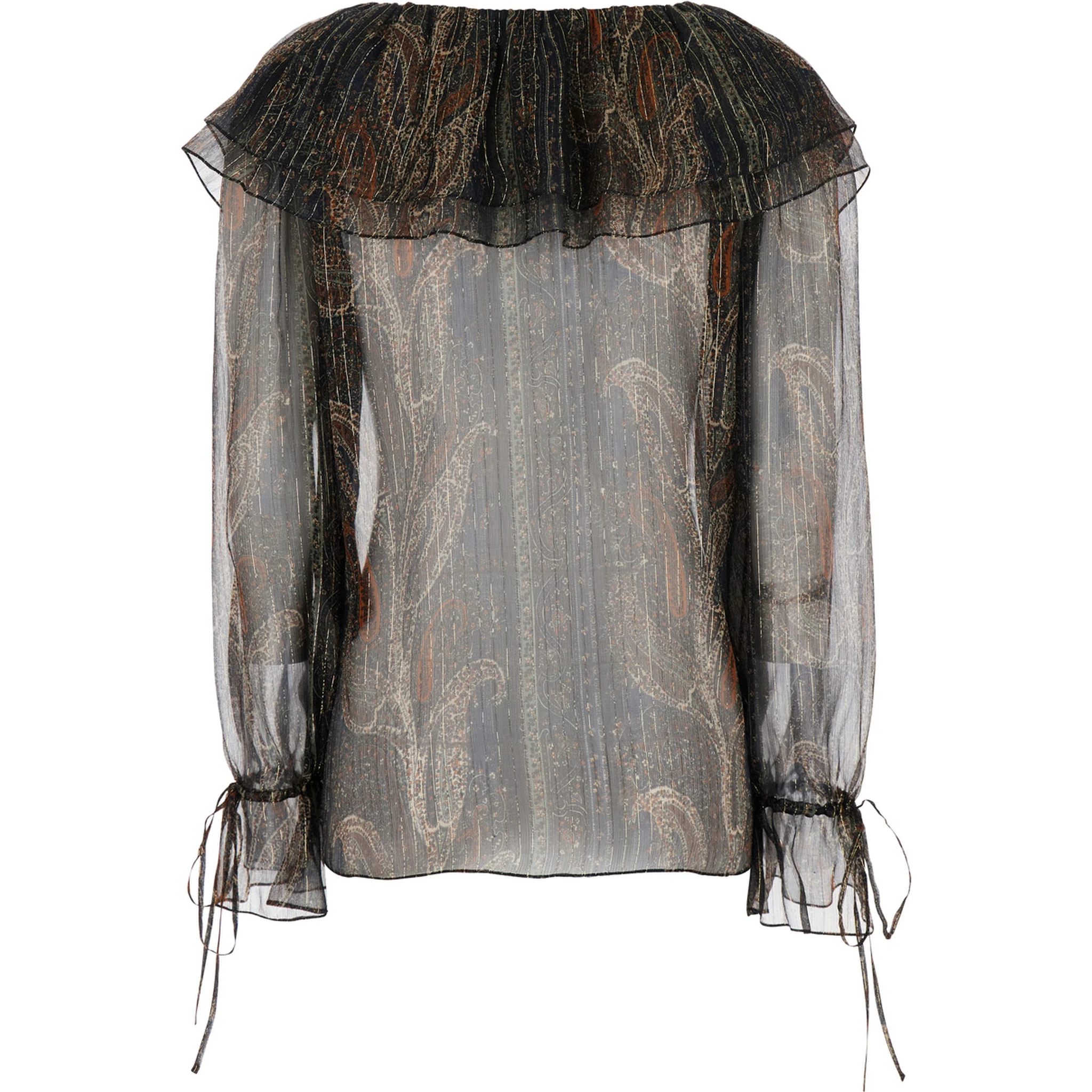 Multicolor Off-Shoulder Blouse with Drawstring Poet Sleeves in Silk Blend Woman