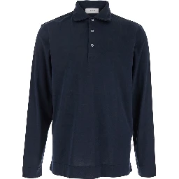Blue Polo with Classic Collar and Long Sleeves in Cotton and Silk Blend Man