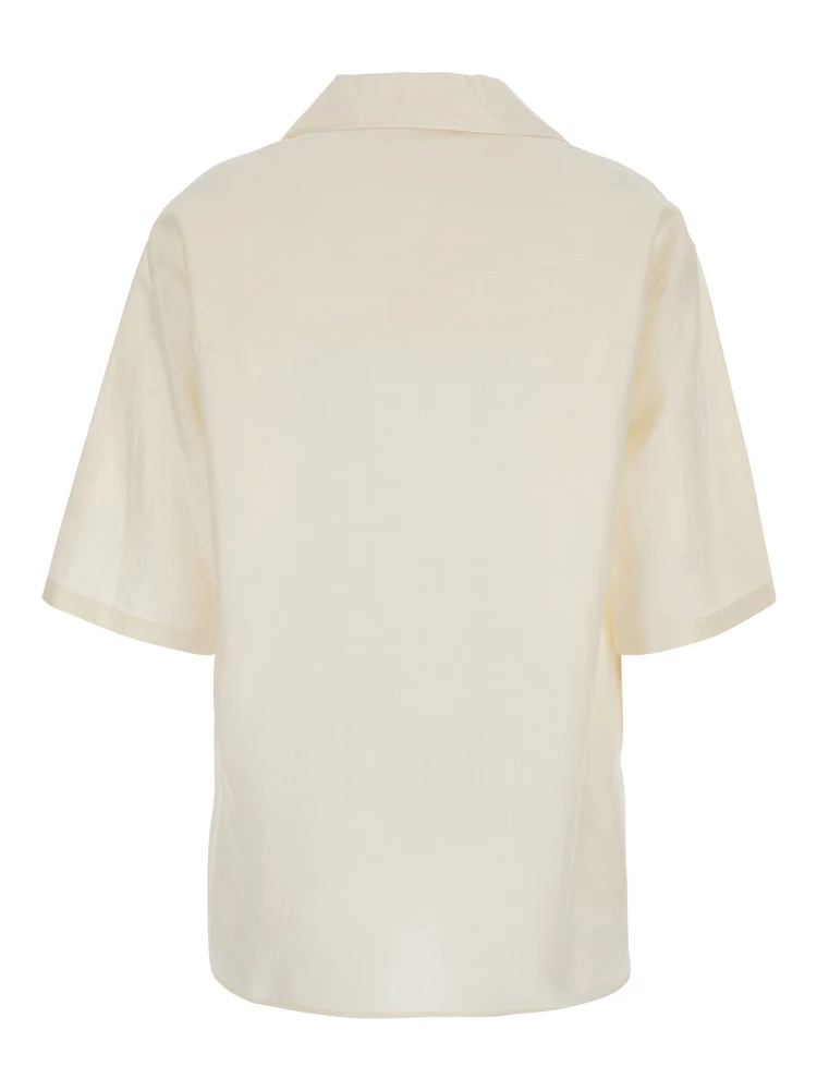 Osiride White Shirt with V-Neck and Logo Patch on the Front in Linen and Silk Blend Woman alternative