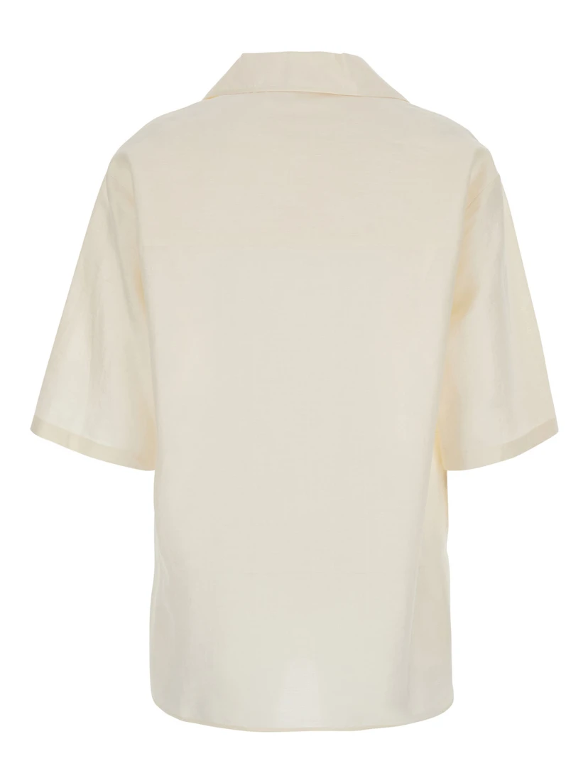 Osiride White Shirt with V-Neck and Logo Patch on the Front in Linen and Silk Blend Woman