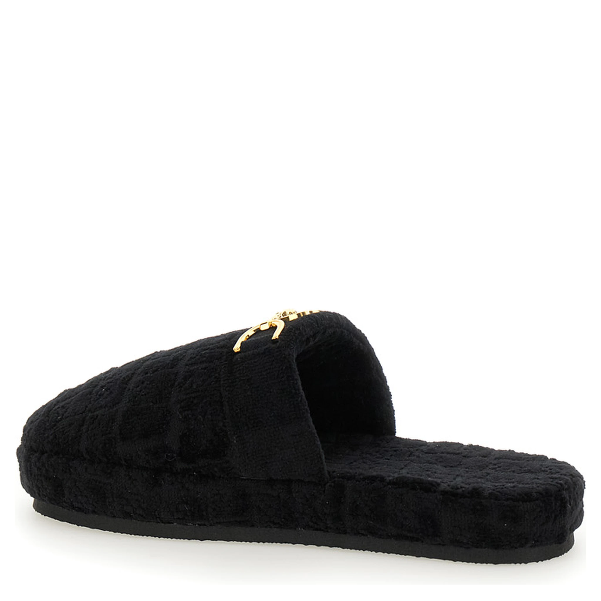 Black Slippers with Logo Plaque in Fabric Man