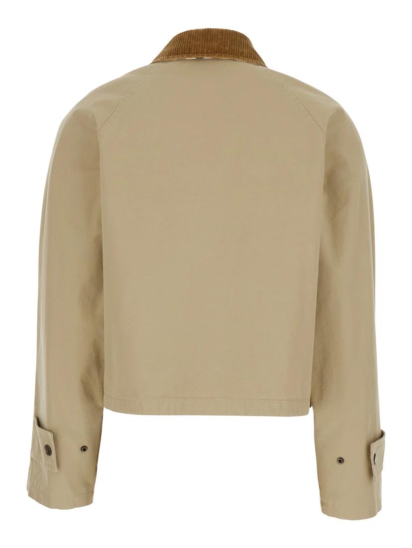Beige Cropped Jacket with Corduroy Collar in Cotton Woman
