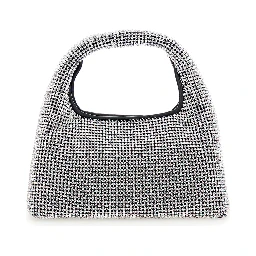 حقيبة يد صغيرة معدنية مزينة بشعار في الخلف ومزينة بالكامل بالكريستال، مصنوعة من قماش تقني نسائي