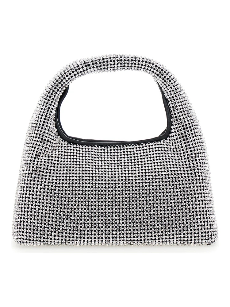 حقيبة يد صغيرة معدنية مزينة بشعار في الخلف ومزينة بالكامل بالكريستال، مصنوعة من قماش تقني نسائي