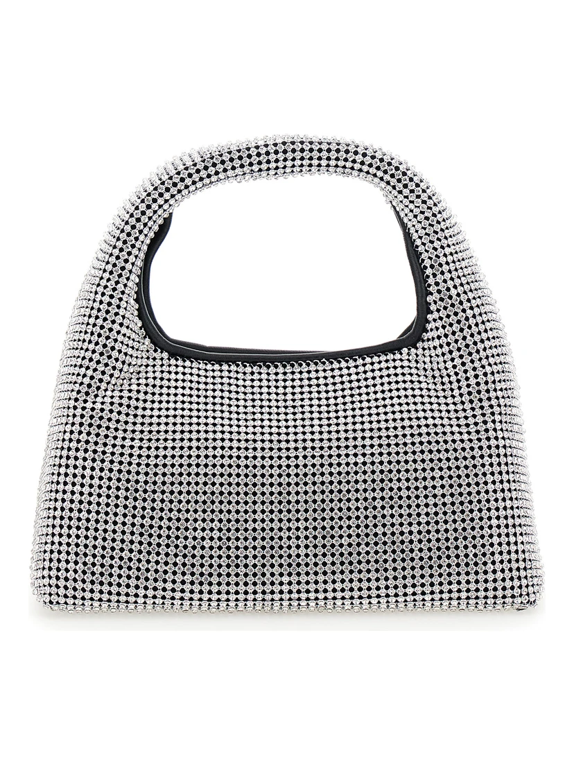 حقيبة يد صغيرة معدنية مزينة بشعار في الخلف ومزينة بالكامل بالكريستال، مصنوعة من قماش تقني نسائي